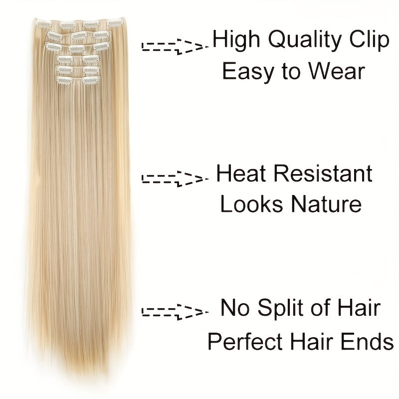 Elegant Women'S Long Straight Hair Extensions - Heat-Resistant, Synthetic Clips for Blonde & Black Hair, Daily Use, Stylish Hairpiece | Heatresistant Hairpiece | Durable Hairpiece