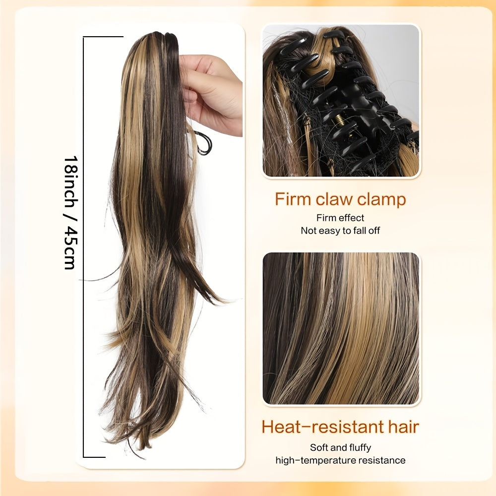 18" Claw Clip Ponytail Extension for Women - Long Curly Heat-Resistant Synthetic Hair, Versatile 23.6" Long Ponytail with Bangs, Perfect for All Users, Everyday Stylish Hairpiece|Natural Look Ponytail|Heatresistant Fiber