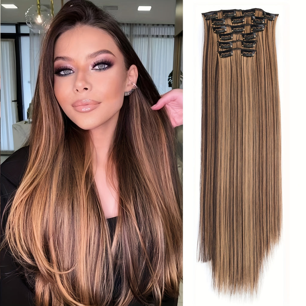 6pcs Long Straight Highlighted Hair Extensions with Clips - Chocolate Brown & Blonde Strands for All Hair Types, Easy Clip-In for Natural Look, Versatile Hair Styling, Sleek Hair Extensions, Secure Clip Attachments
