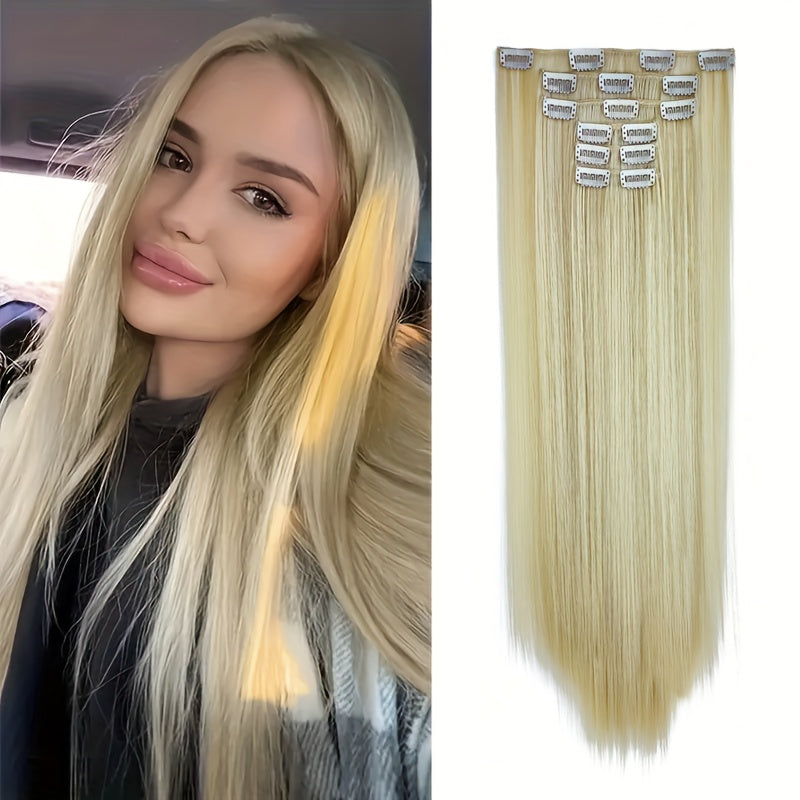 6pcs Long Straight Highlighted Hair Extensions with Clips - Chocolate Brown & Blonde Strands for All Hair Types, Easy Clip-In for Natural Look, Versatile Hair Styling, Sleek Hair Extensions, Secure Clip Attachments