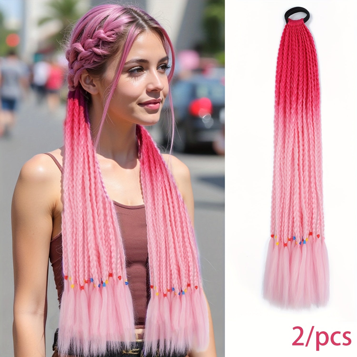 2pcs Heat-Resistant Synthetic Braided Ponytails for Women - Vibrant Rainbow Colors, Straight Hair Extensions for Daily Wear, Parties & Halloween Costumes, Ponytail Hair Extensions, Festive Hair Accessory, Vibrant Braided Hair, Heatresistant Fiber