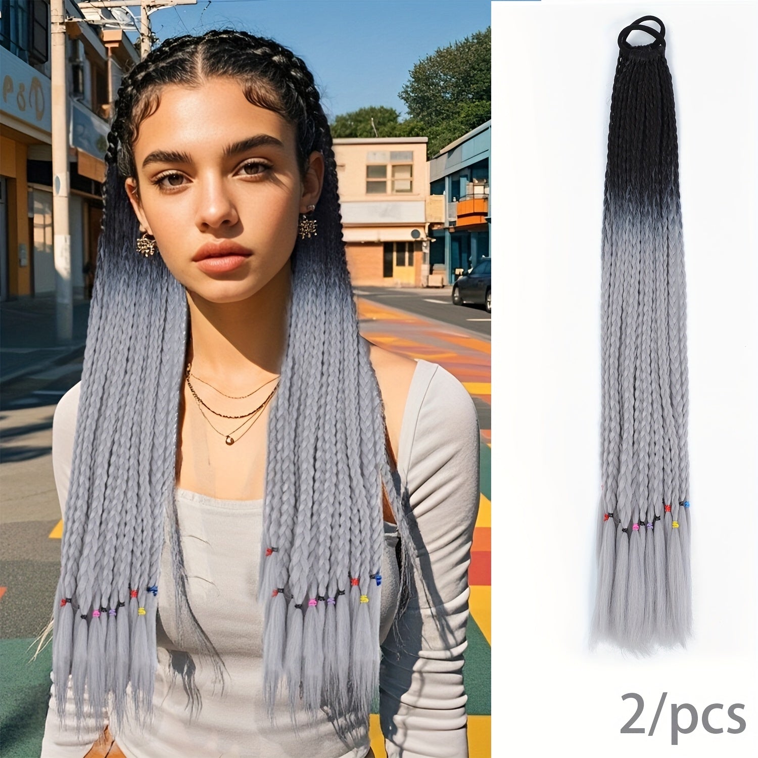 2pcs Heat-Resistant Synthetic Braided Ponytails for Women - Vibrant Rainbow Colors, Straight Hair Extensions for Daily Wear, Parties & Halloween Costumes, Ponytail Hair Extensions, Festive Hair Accessory, Vibrant Braided Hair, Heatresistant Fiber