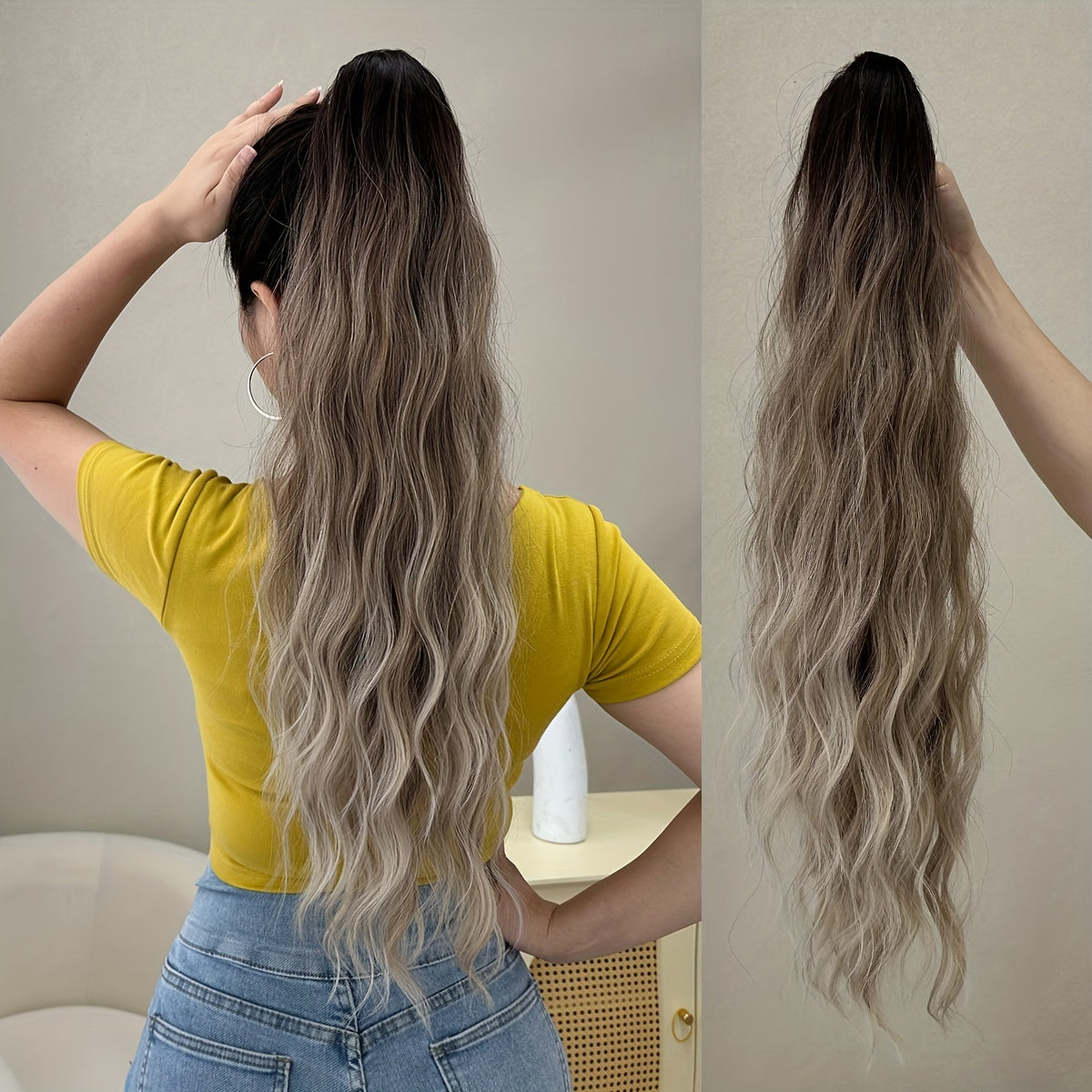 YUSULAXI Women'S 24-Inch Long Wavy Drawstring Ponytail Extension, High Temperature Fiber Synthetic Hairpiece for Daily Use