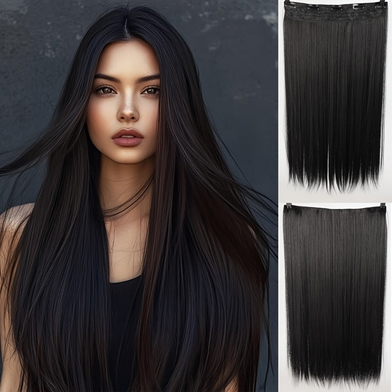 5-Card Straight Hair Clip-In Extensions - Natural Black, High-Quality Synthetic Hair for Women, Easy to Style & Blend, Perfect for Everyday or Special Occasions, Hair Wigs, Versatile Hairpiece, Sleek Hairpiece, Heatresistant Hair