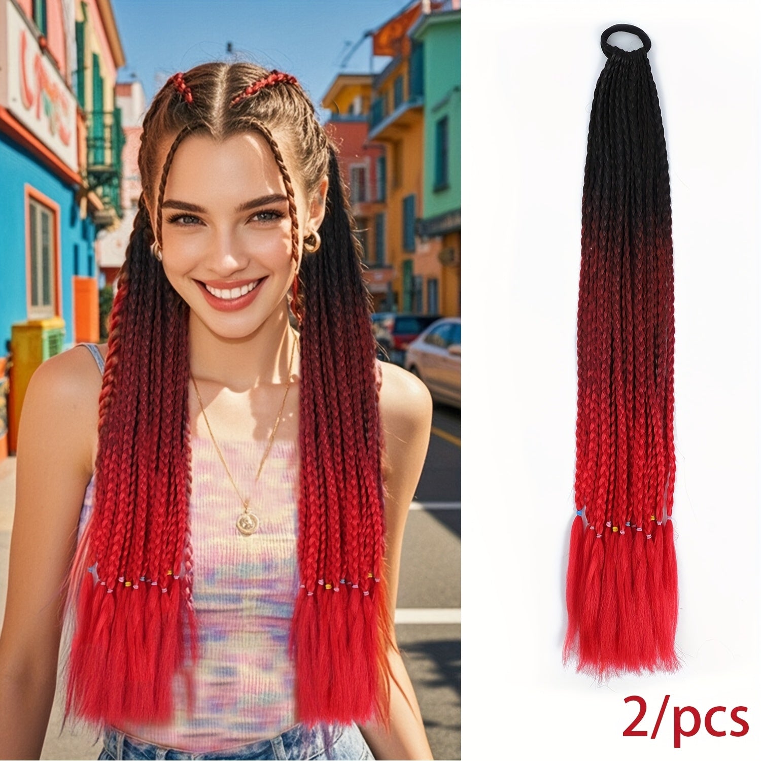 2pcs Heat-Resistant Synthetic Braided Ponytails for Women - Vibrant Rainbow Colors, Straight Hair Extensions for Daily Wear, Parties & Halloween Costumes, Ponytail Hair Extensions, Festive Hair Accessory, Vibrant Braided Hair, Heatresistant Fiber