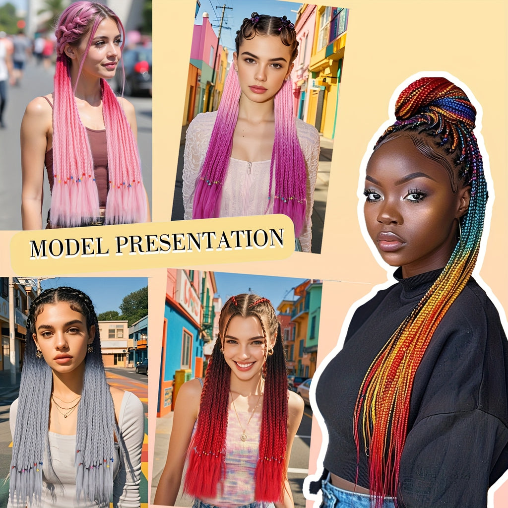 2pcs Heat-Resistant Synthetic Braided Ponytails for Women - Vibrant Rainbow Colors, Straight Hair Extensions for Daily Wear, Parties & Halloween Costumes, Ponytail Hair Extensions, Festive Hair Accessory, Vibrant Braided Hair, Heatresistant Fiber