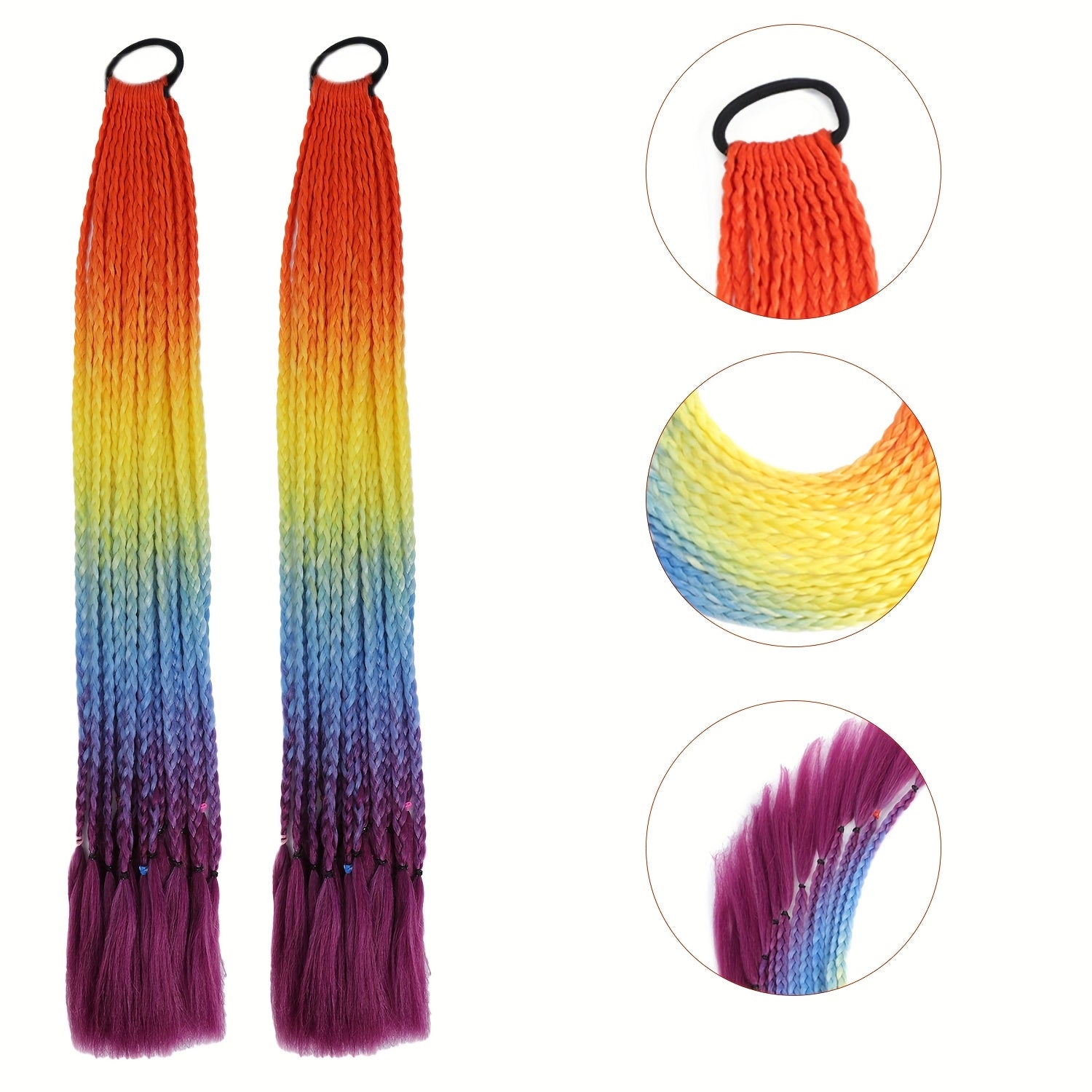 2pcs Heat-Resistant Synthetic Braided Ponytails for Women - Vibrant Rainbow Colors, Straight Hair Extensions for Daily Wear, Parties & Halloween Costumes, Ponytail Hair Extensions, Festive Hair Accessory, Vibrant Braided Hair, Heatresistant Fiber