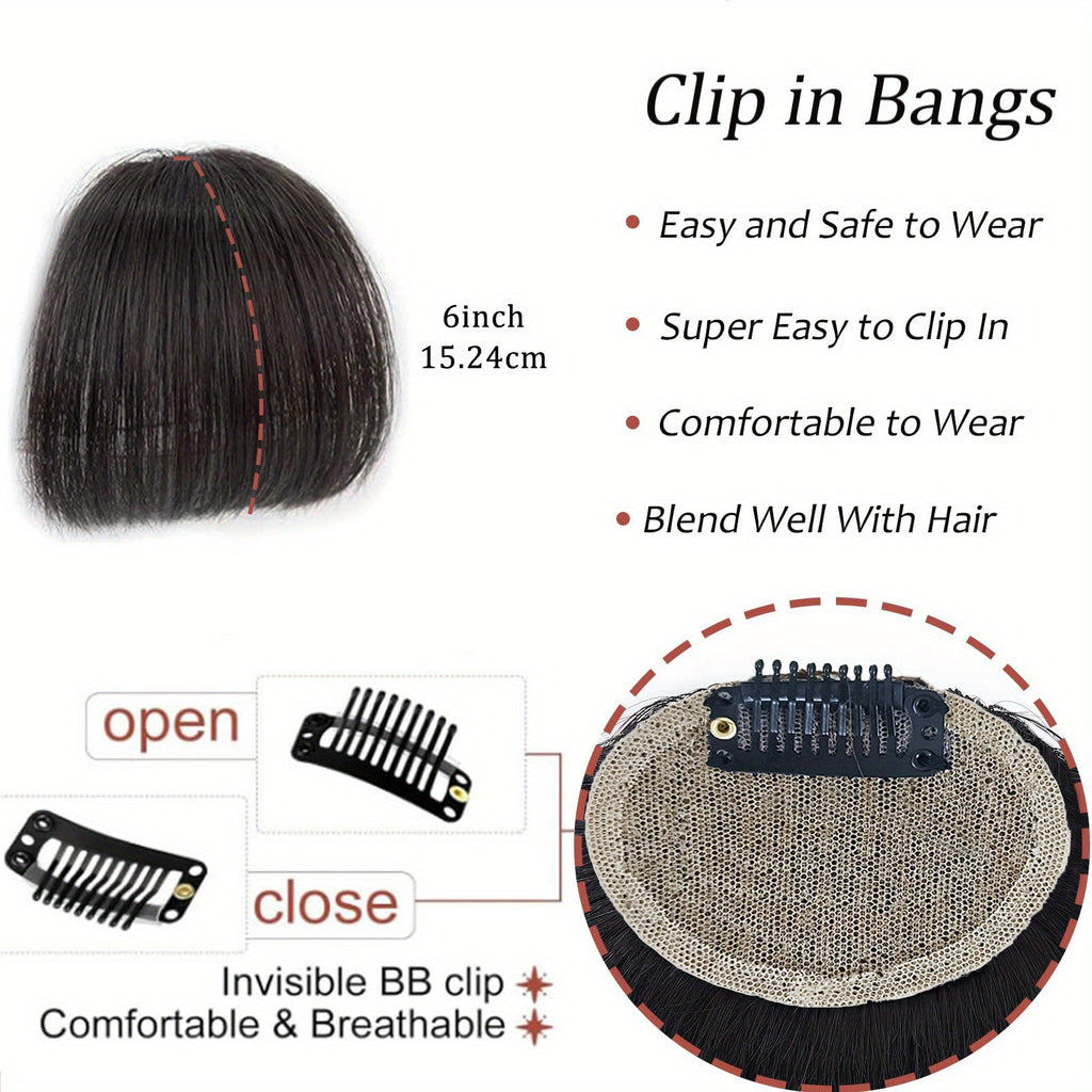 Women's Clip-in Human Hair Bangs - Natural Look Front Fringe Extensions, Easy to Apply No Glue Needed, Dark Brown/Black/, Straight Hairstyle for Everyday & Special Events - Salon-Quality Hairpiece for Added Volume & Dimension