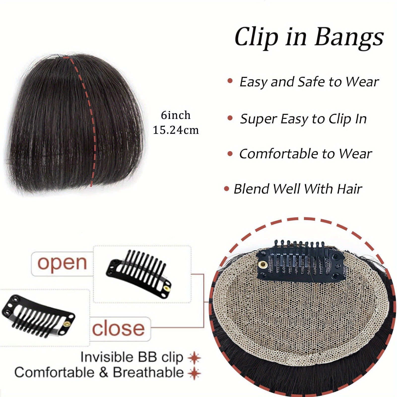 Women's Clip-in Human Hair Bangs - Natural Look Front Fringe Extensions, Easy to Apply No Glue Needed, Dark Brown/Black/, Straight Hairstyle for Everyday & Special Events - Salon-Quality Hairpiece for Added Volume & Dimension
