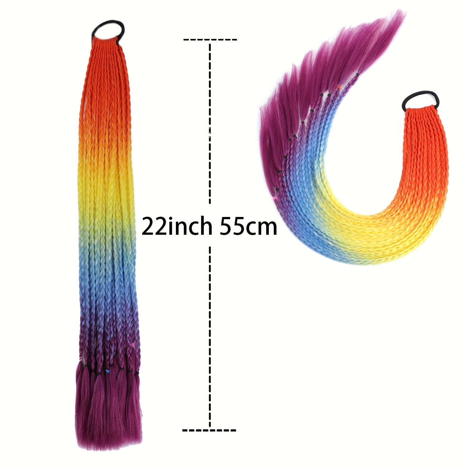2pcs Heat-Resistant Synthetic Braided Ponytails for Women - Vibrant Rainbow Colors, Straight Hair Extensions for Daily Wear, Parties & Halloween Costumes, Ponytail Hair Extensions, Festive Hair Accessory, Vibrant Braided Hair, Heatresistant Fiber