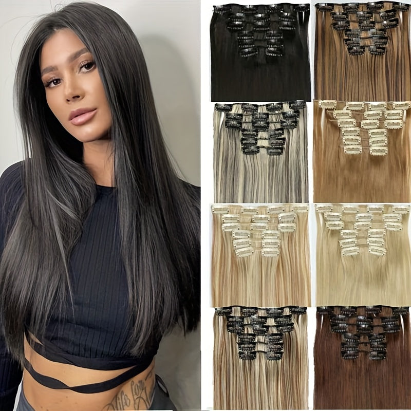 Elegant Women'S Long Straight Hair Extensions - Heat-Resistant, Synthetic Clips for Blonde & Black Hair, Daily Use, Stylish Hairpiece | Heatresistant Hairpiece | Durable Hairpiece