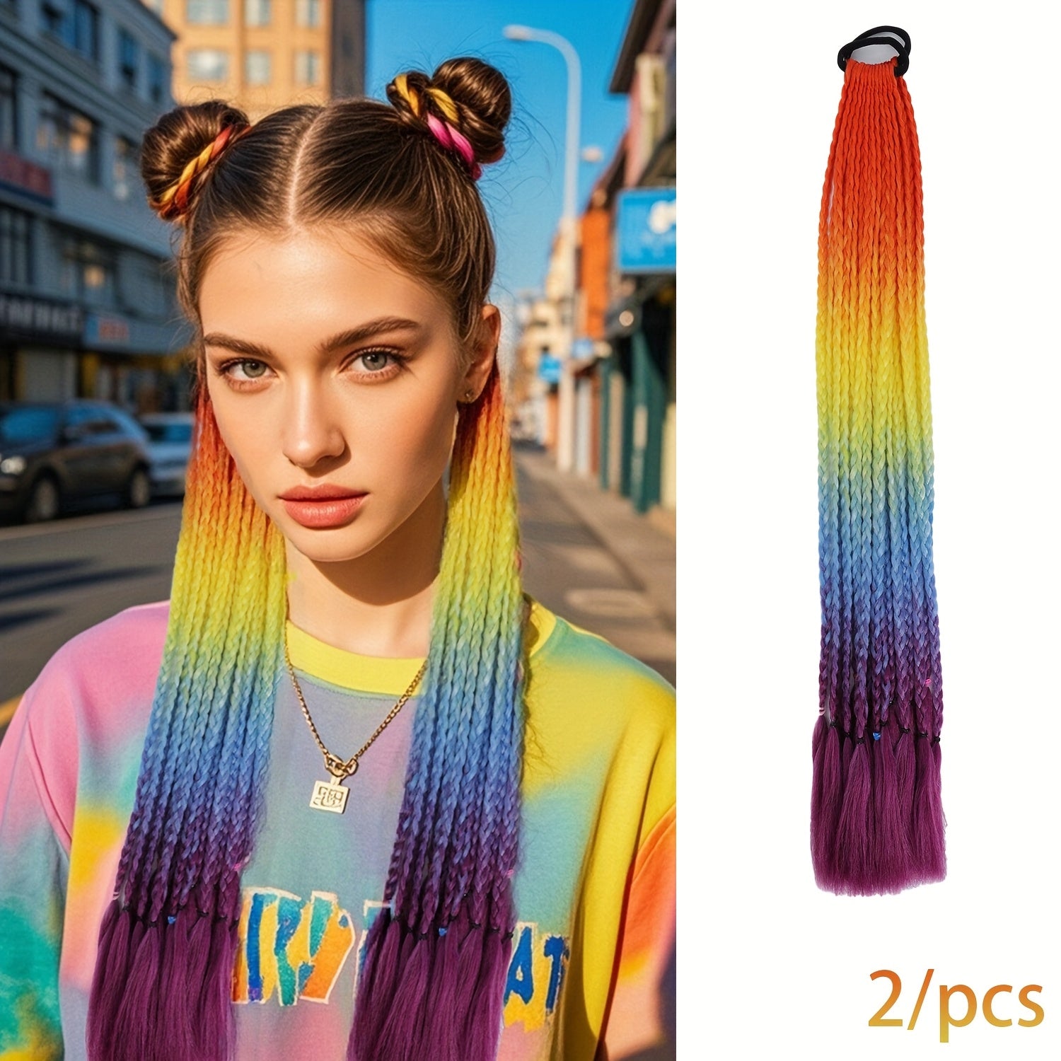 2pcs Heat-Resistant Synthetic Braided Ponytails for Women - Vibrant Rainbow Colors, Straight Hair Extensions for Daily Wear, Parties & Halloween Costumes, Ponytail Hair Extensions, Festive Hair Accessory, Vibrant Braided Hair, Heatresistant Fiber