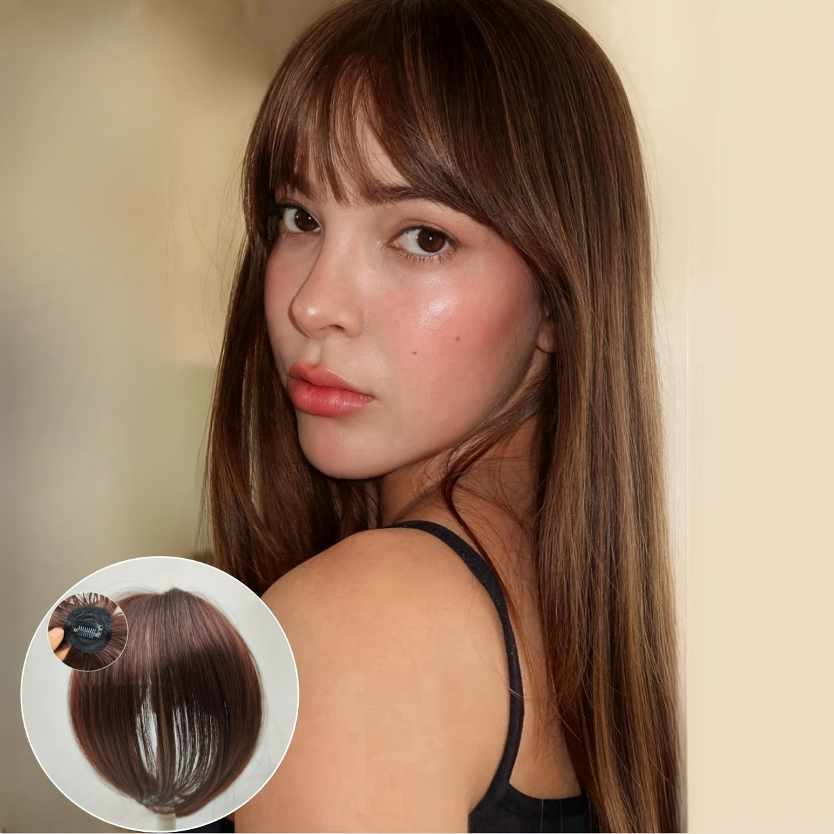 Elegant 8-Inch Clip-In Hair Topper with Bangs for Women - Natural-Looking, Straight Synthetic Hair Extensions to Cover Thinning & Gray Hair, Comfortable & Undetectable