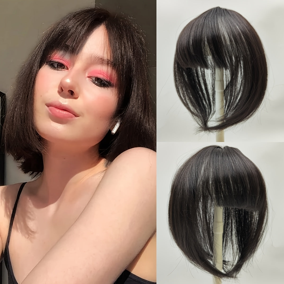 Elegant 8-Inch Clip-In Hair Topper with Bangs for Women - Natural-Looking, Straight Synthetic Hair Extensions to Cover Thinning & Gray Hair, Comfortable & Undetectable