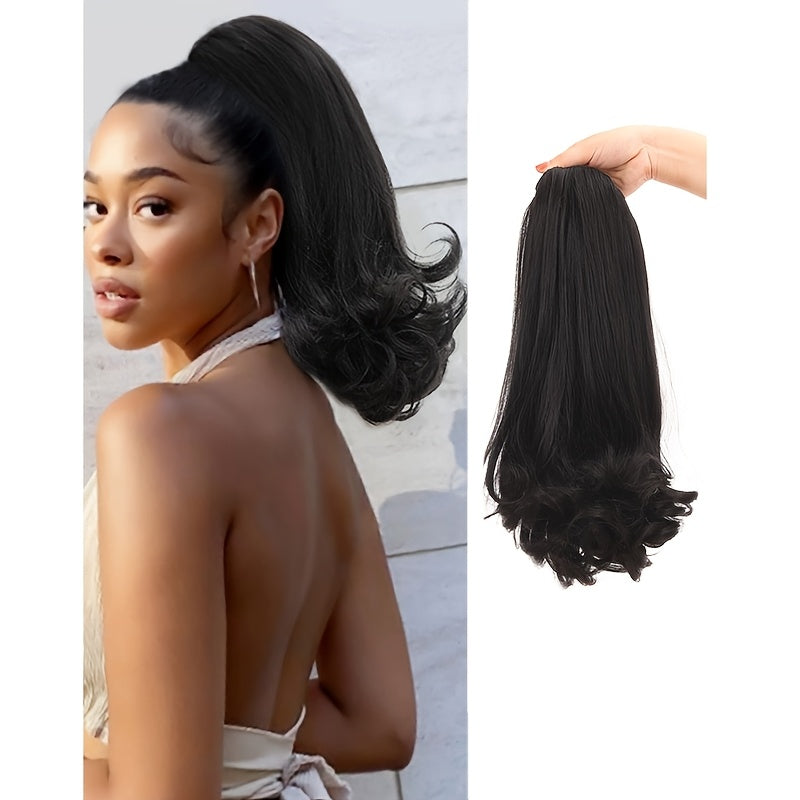 16 Kinky Straight Synthetic Ponytail Hair Extensions with 2 Plastic Comb & Drawstring - Natural Black Loose Curly Style, Easy to Style, Adds Volume & Length, Perfect for Women'S Hair, Versatile Hairpiece, Secure Fit Hairpiece