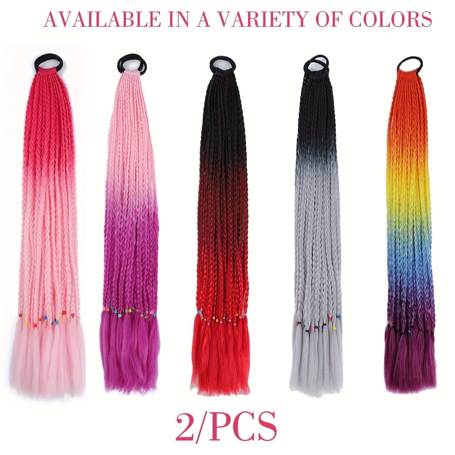 2pcs Heat-Resistant Synthetic Braided Ponytails for Women - Vibrant Rainbow Colors, Straight Hair Extensions for Daily Wear, Parties & Halloween Costumes, Ponytail Hair Extensions, Festive Hair Accessory, Vibrant Braided Hair, Heatresistant Fiber
