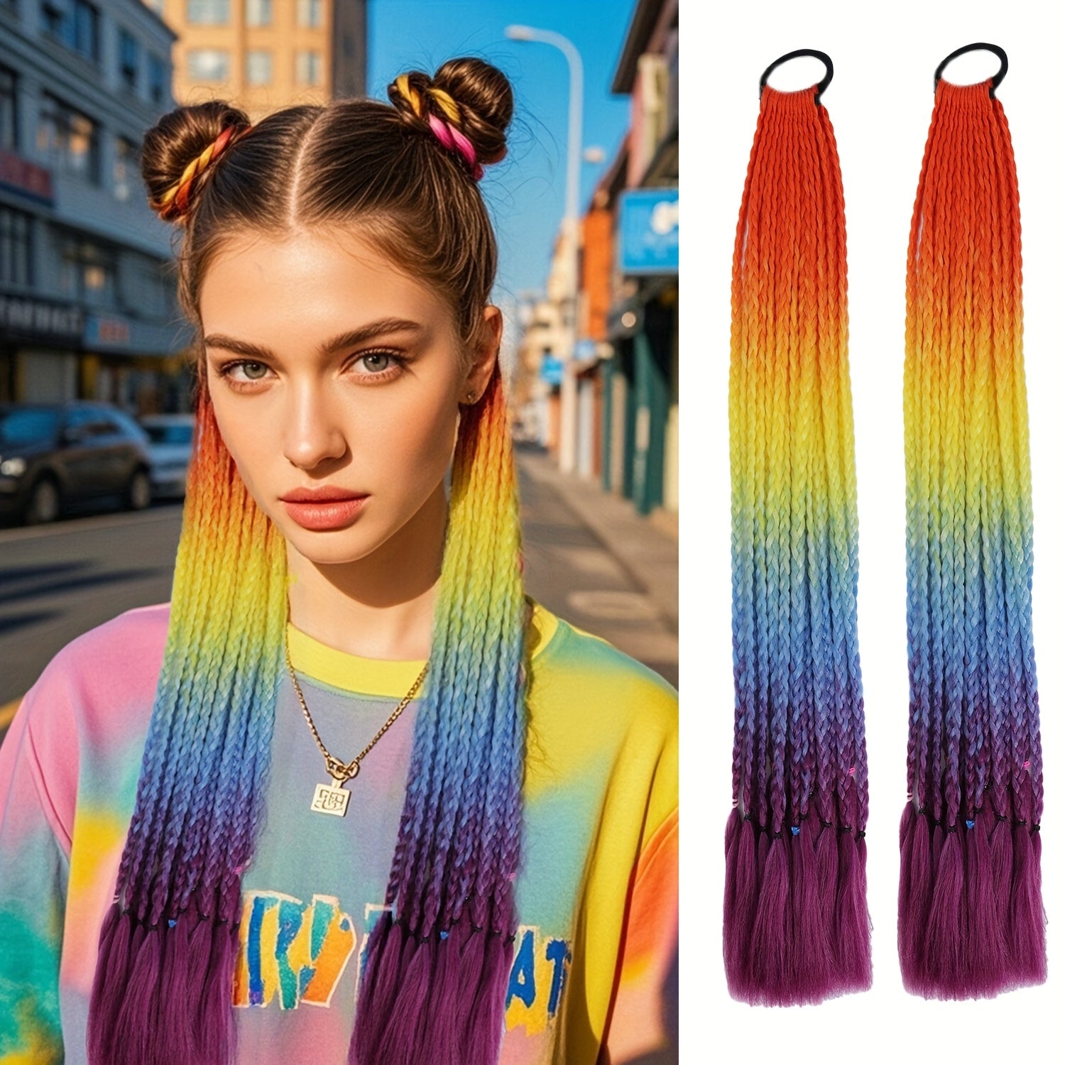 2pcs Heat-Resistant Synthetic Braided Ponytails for Women - Vibrant Rainbow Colors, Straight Hair Extensions for Daily Wear, Parties & Halloween Costumes, Ponytail Hair Extensions, Festive Hair Accessory, Vibrant Braided Hair, Heatresistant Fiber