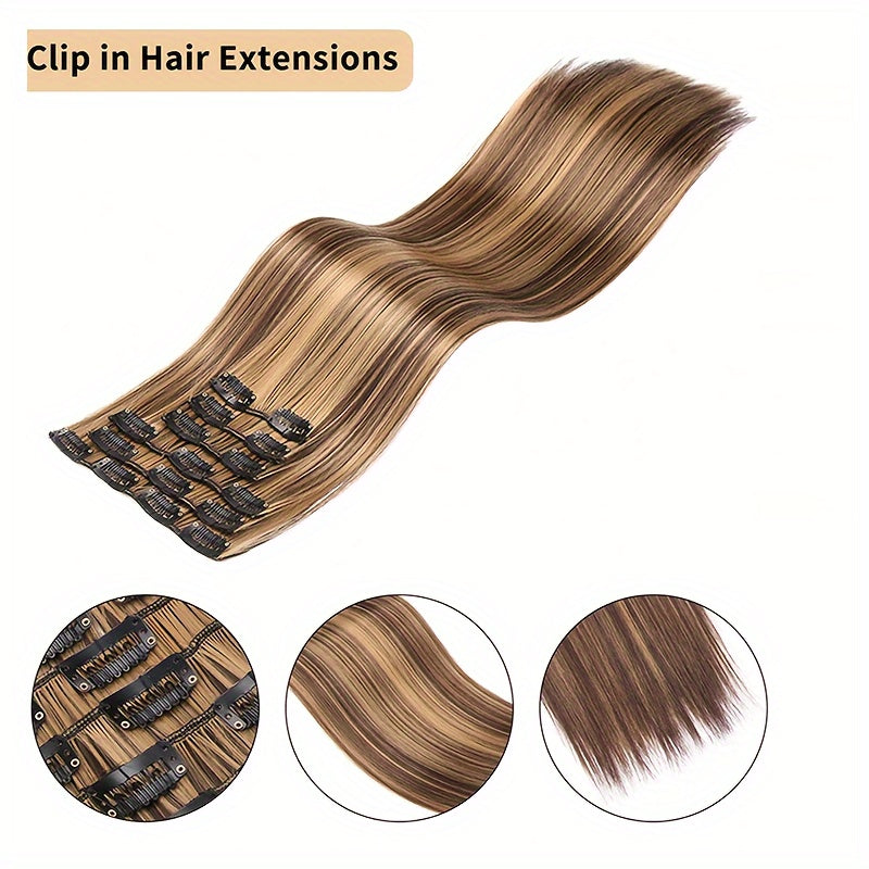 6pcs Long Straight Highlighted Hair Extensions with Clips - Chocolate Brown & Blonde Strands for All Hair Types, Easy Clip-In for Natural Look, Versatile Hair Styling, Sleek Hair Extensions, Secure Clip Attachments