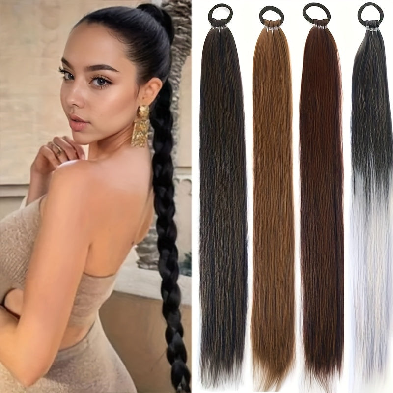 71.12cm Long Straight Synthetic Ponytail Extensions - Vibrant Colors, Secure Rubber Band Hair Ring for Braids, Wigs, and Everyday Styling, Ponytail Hair Extensions, Braided Hair Accessory, Vibrant Hairpiece