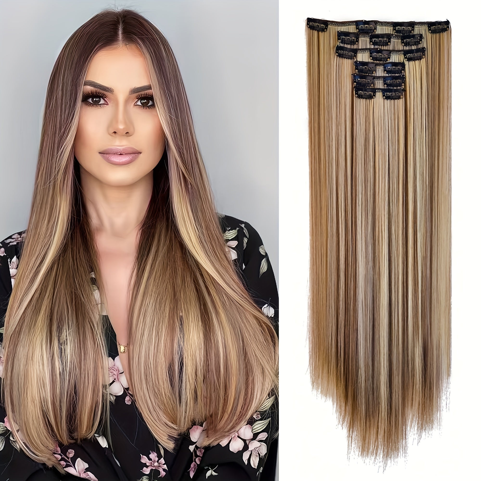 6pcs Long Straight Highlighted Hair Extensions with Clips - Chocolate Brown & Blonde Strands for All Hair Types, Easy Clip-In for Natural Look, Versatile Hair Styling, Sleek Hair Extensions, Secure Clip Attachments