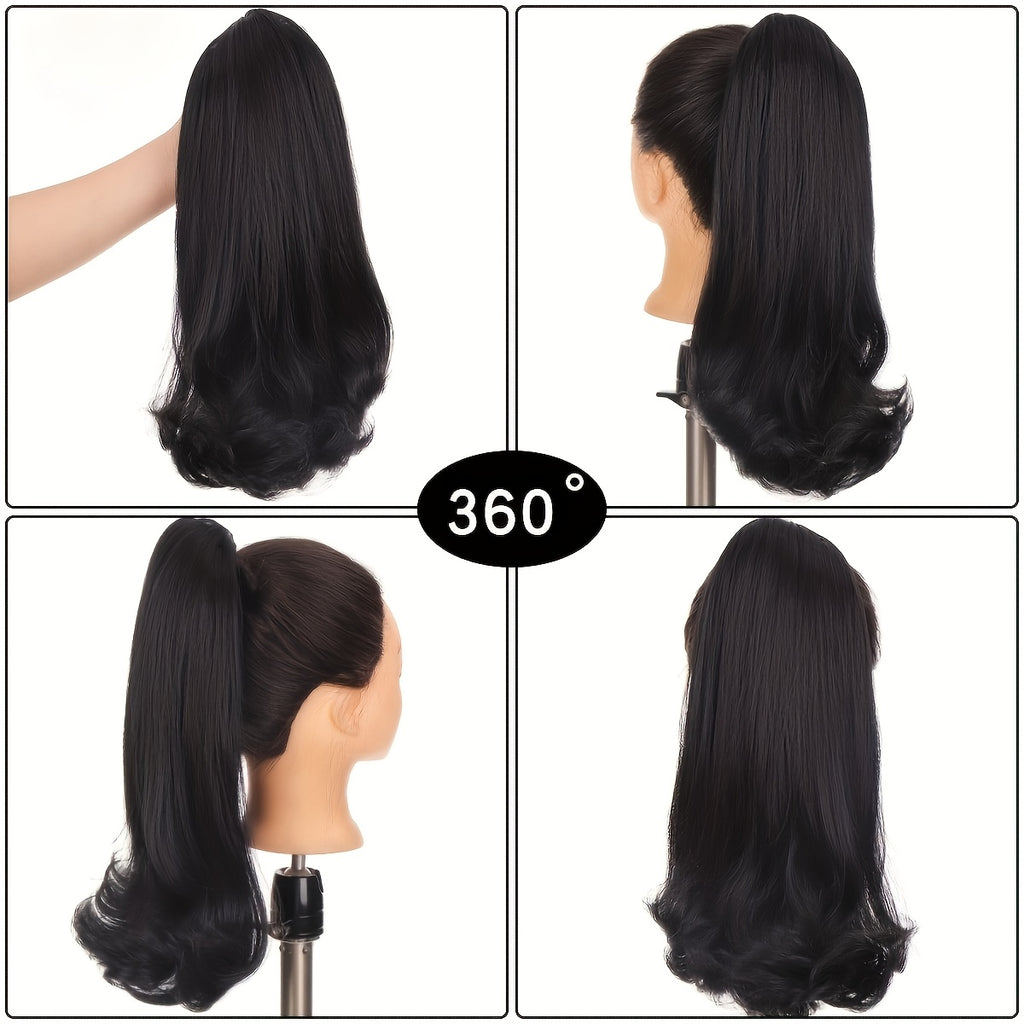 16 Kinky Straight Synthetic Ponytail Hair Extensions with 2 Plastic Comb & Drawstring - Natural Black Loose Curly Style, Easy to Style, Adds Volume & Length, Perfect for Women'S Hair, Versatile Hairpiece, Secure Fit Hairpiece