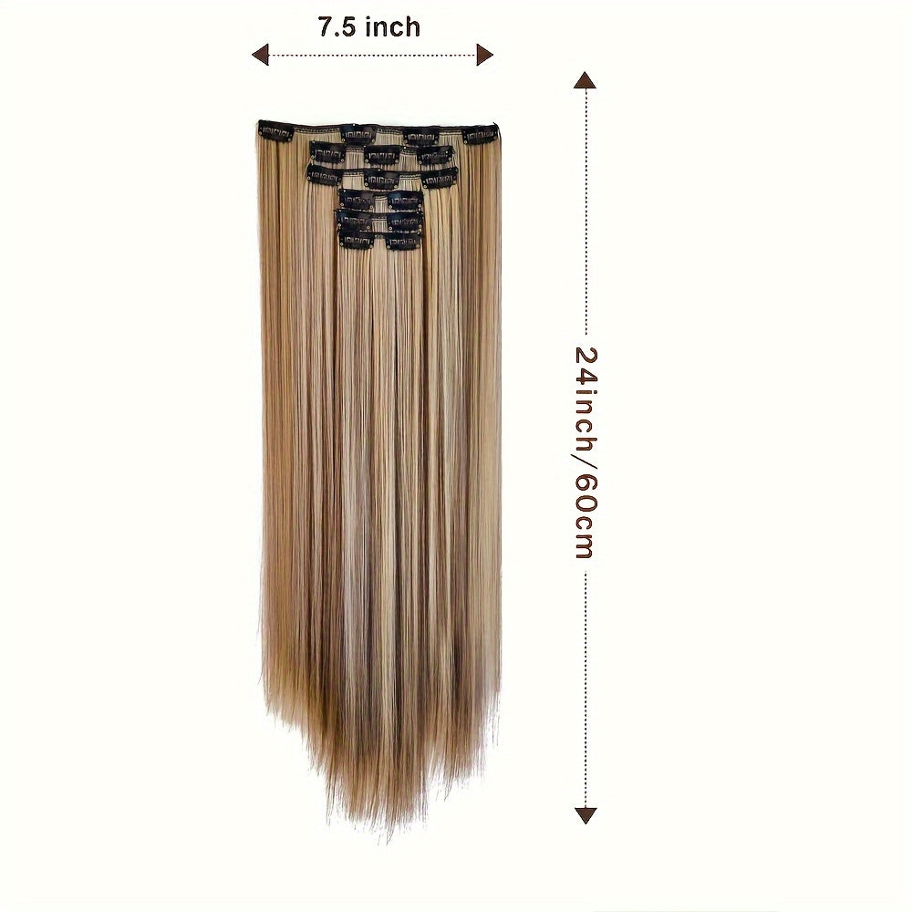 6pcs Long Straight Highlighted Hair Extensions with Clips - Chocolate Brown & Blonde Strands for All Hair Types, Easy Clip-In for Natural Look, Versatile Hair Styling, Sleek Hair Extensions, Secure Clip Attachments