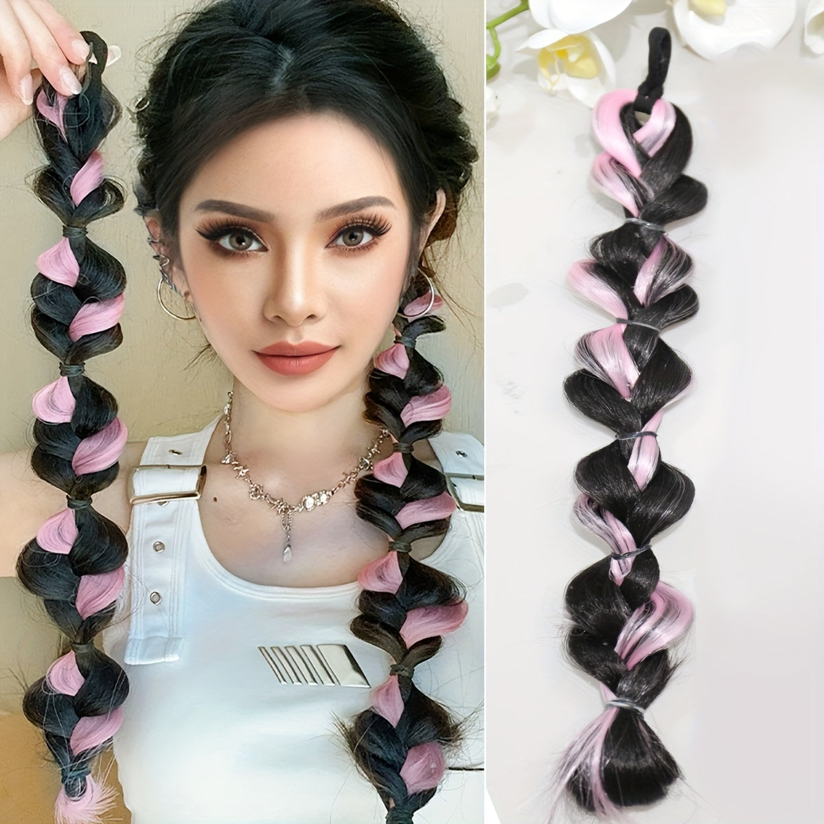 1pc Braided Ponytail Extensions with Highlights, Fashion Style Twisted Butterfly Hair Extensions Ponytail Braid Natural Soft Synthetic Hair Braided Ponytail Extensions, Bubble Twist Braid Hair Accessories
