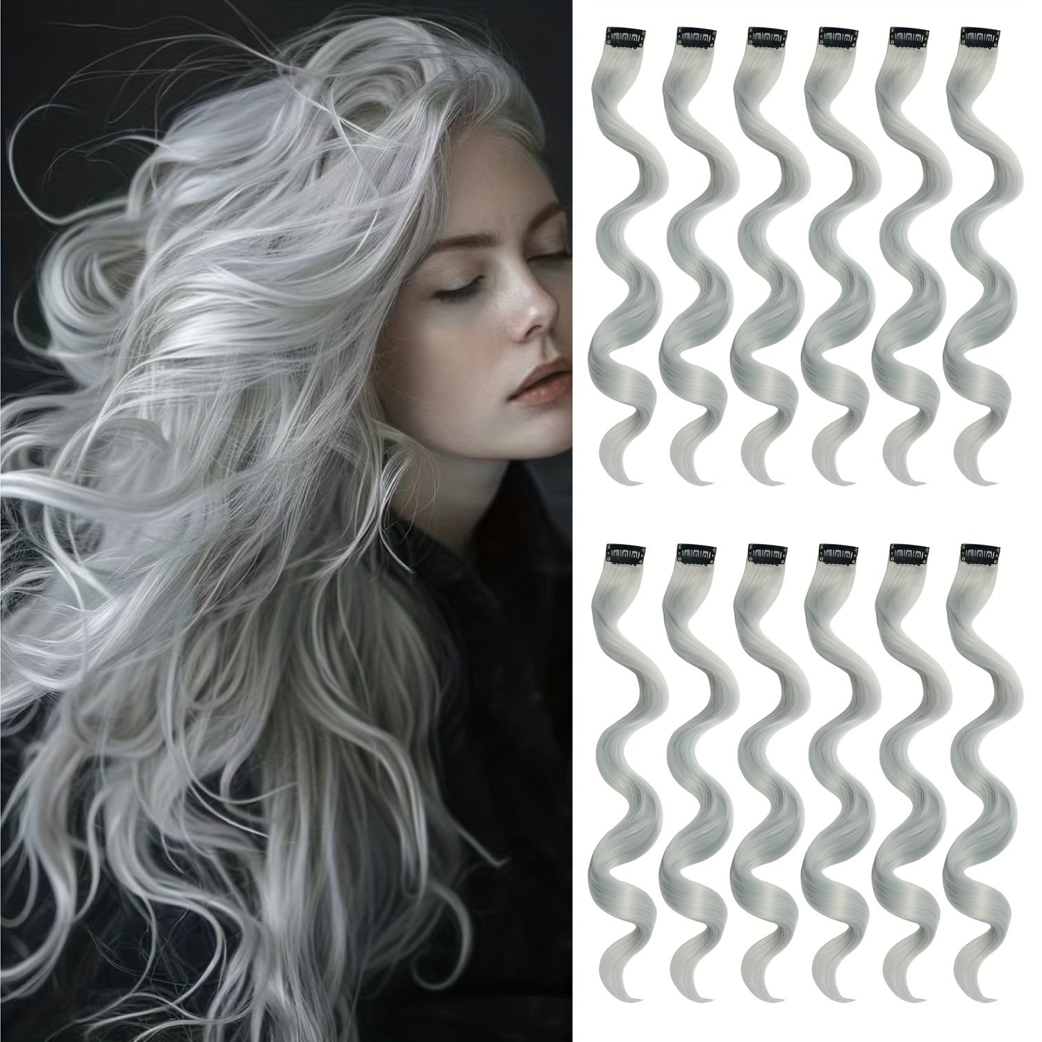 12 Pcs Grey Hair Extensions Clip In ,Curly Wavy Clip In Hair Extensions,20 Inch Synthetic Hair Extensions Clip Ins For Women, Traceless, Vibrant Party Hair - Perfect For Christmas, New Year,Halloween,Cosplay, Music Festival And Daily Use(Silvery Gray)