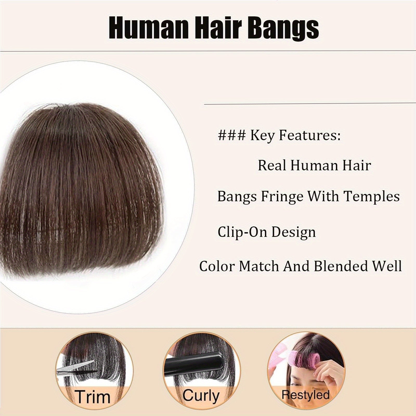 Women's Clip-in Human Hair Bangs - Natural Look Front Fringe Extensions, Easy to Apply No Glue Needed, Dark Brown/Black/, Straight Hairstyle for Everyday & Special Events - Salon-Quality Hairpiece for Added Volume & Dimension