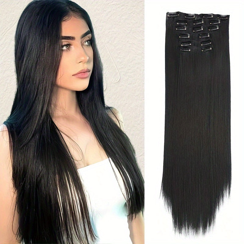 6pcs Long Straight Highlighted Hair Extensions with Clips - Chocolate Brown & Blonde Strands for All Hair Types, Easy Clip-In for Natural Look, Versatile Hair Styling, Sleek Hair Extensions, Secure Clip Attachments